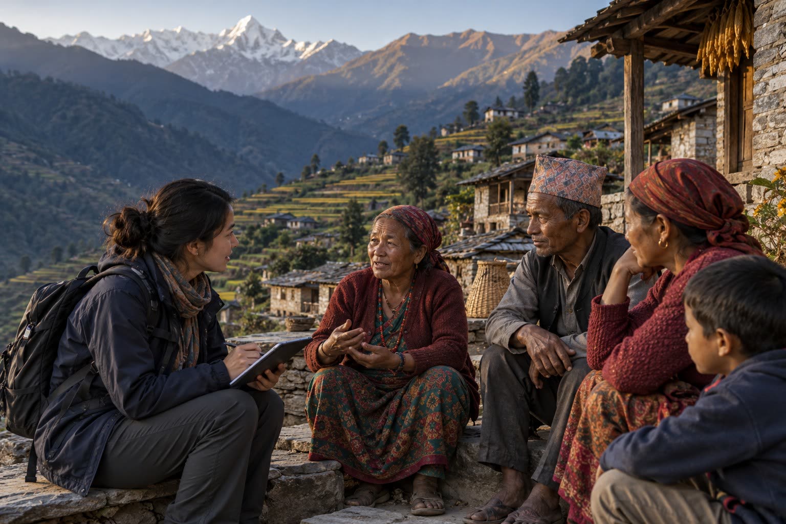 Field researcher interviewing residents in a hill village
