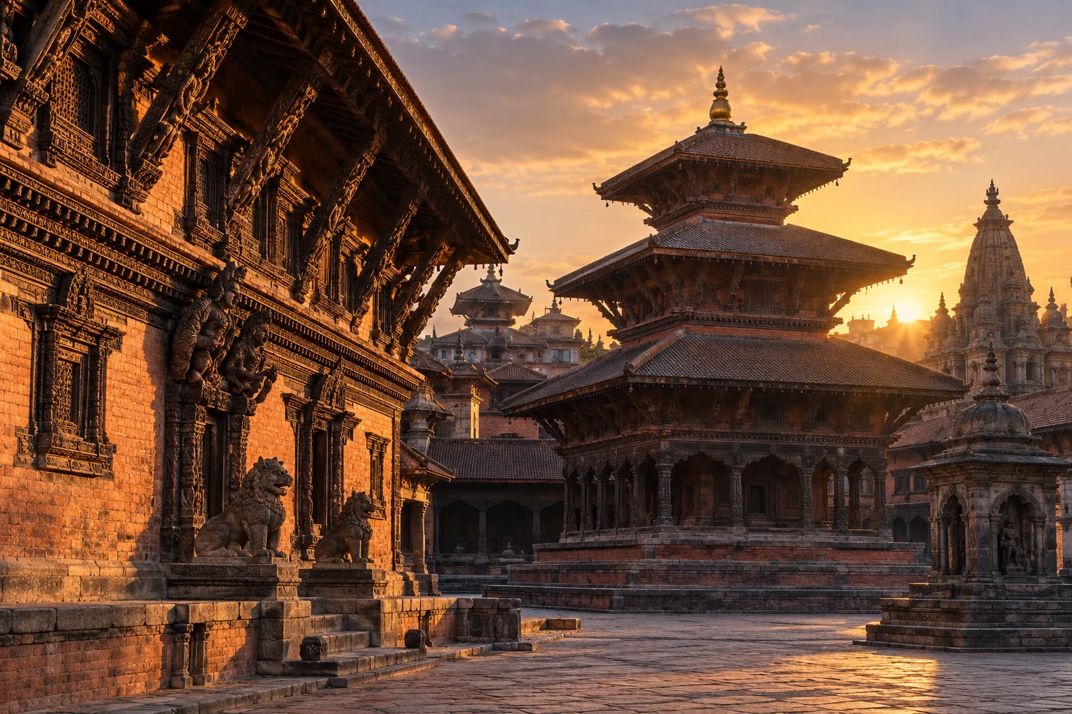 Traditional civic courtyard at golden hour